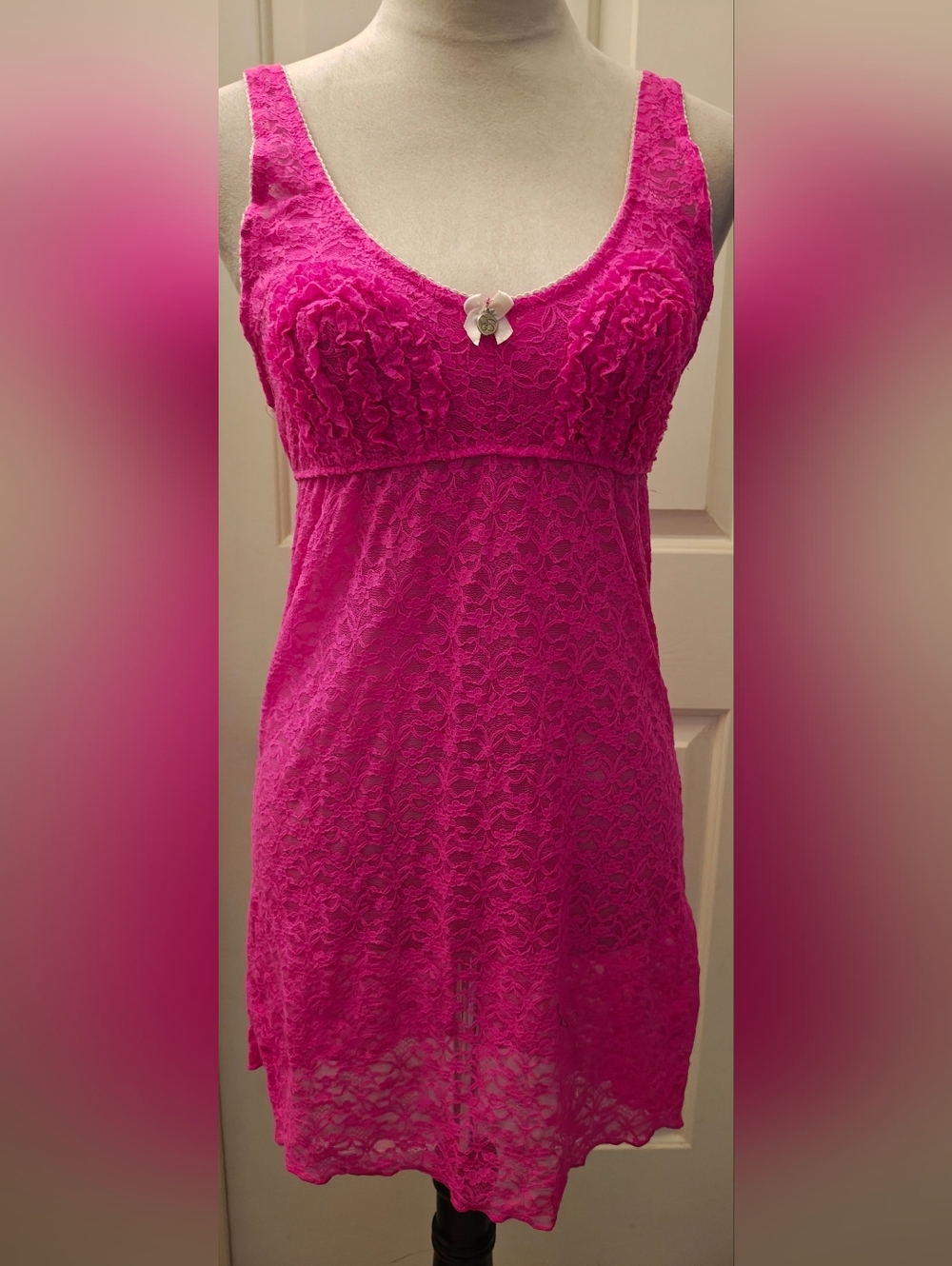 Y2K Jessica Simpson Hit Pink Sheer Mesh Lace Babydoll Lingerie Slip Dress.